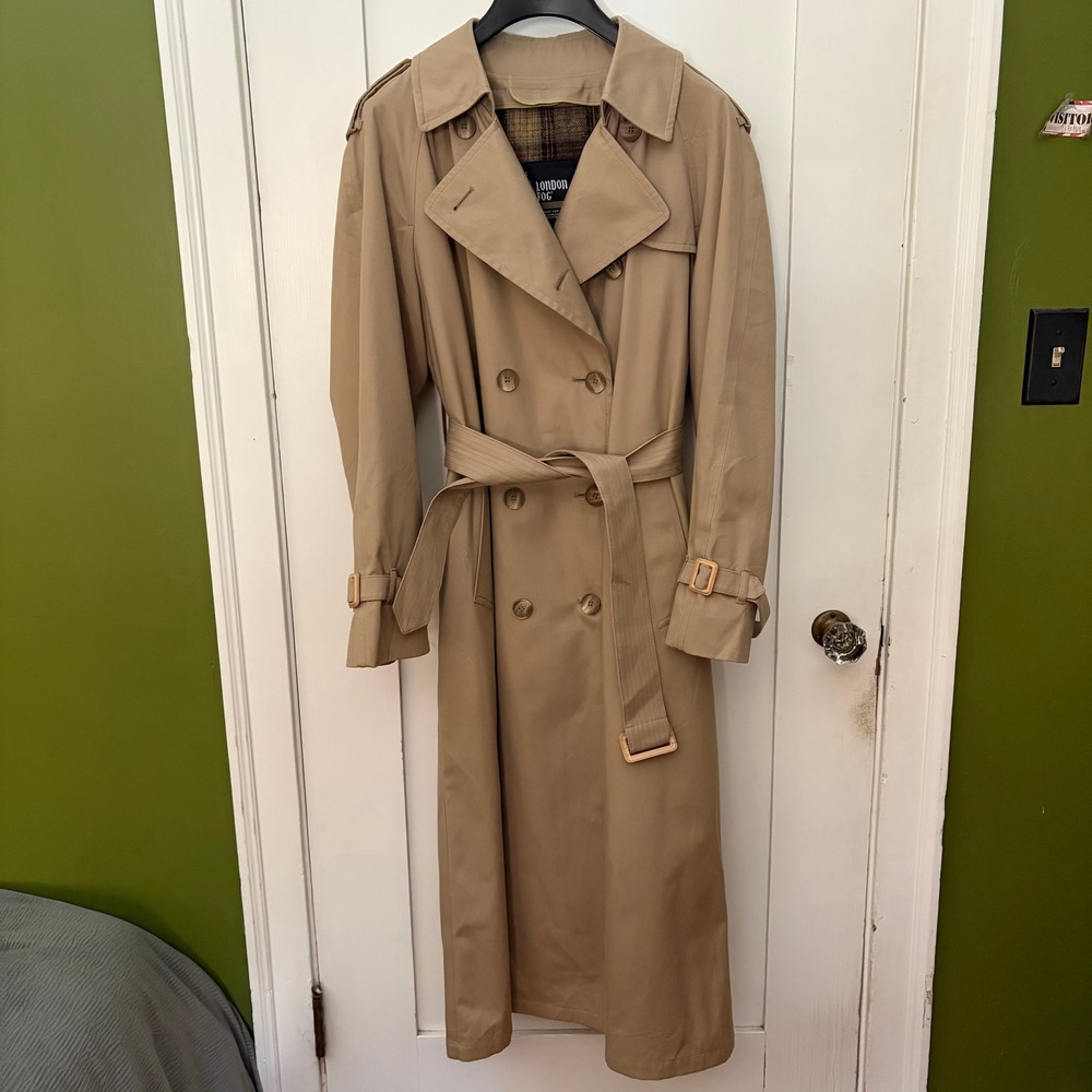 London Fog Vintage Double Breasted Trench Coat Womens 12 Reg Tan Plaid Liner